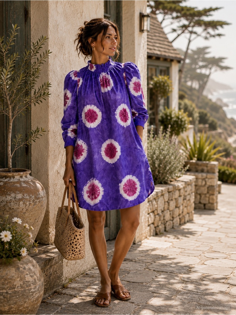 Sea New York Tamara Purple Tie Dye Cotton Puff Sleeve Tunic Dress Size 8